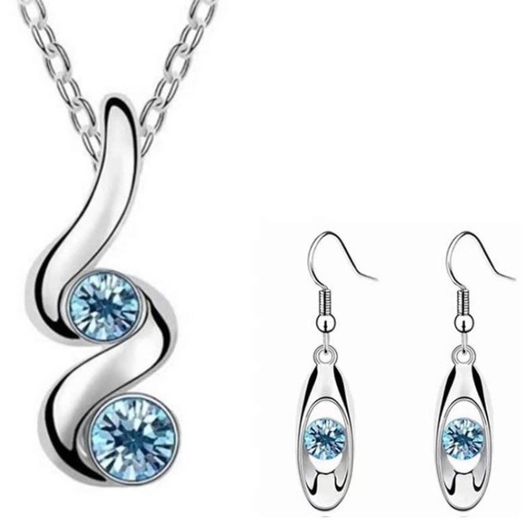 Earrings Necklace Set Silver Tone Metal with Blue Jewel Stones - Picture 1 of 8